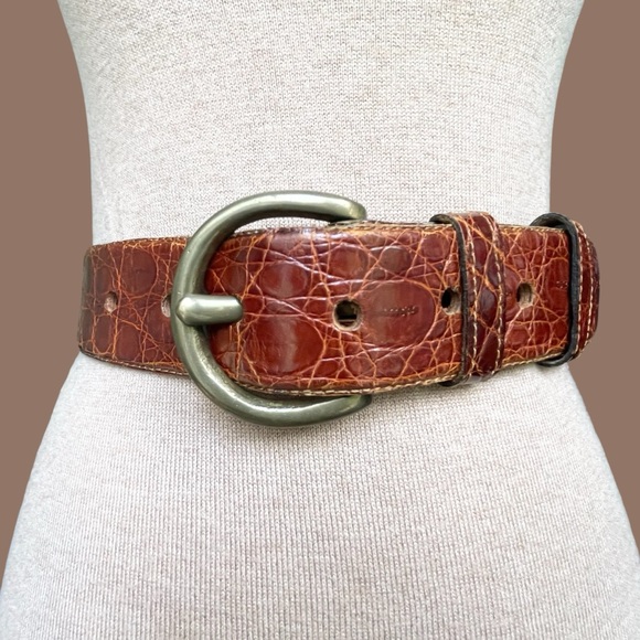 Accessories - VTG Johnny Farah Wide Waist Oversized Cognac Brown Croc Embossed Leather Belt S